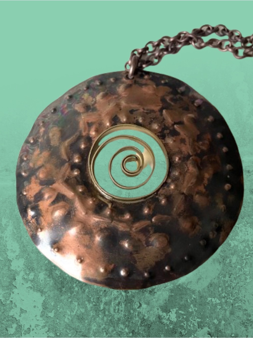 Vintage large artisan-style copper metal pendant necklace brass swirl boho mod